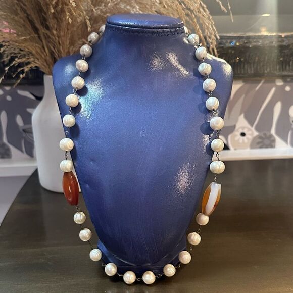 Vintage Freshwater Genuine Pearls & Carnelian Agate Stone Necklace 24” - Picture 5 of 7